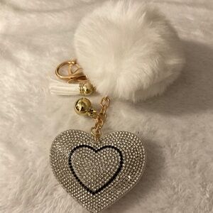 Rhinestone heart with puff and tassel bag charm and keychain